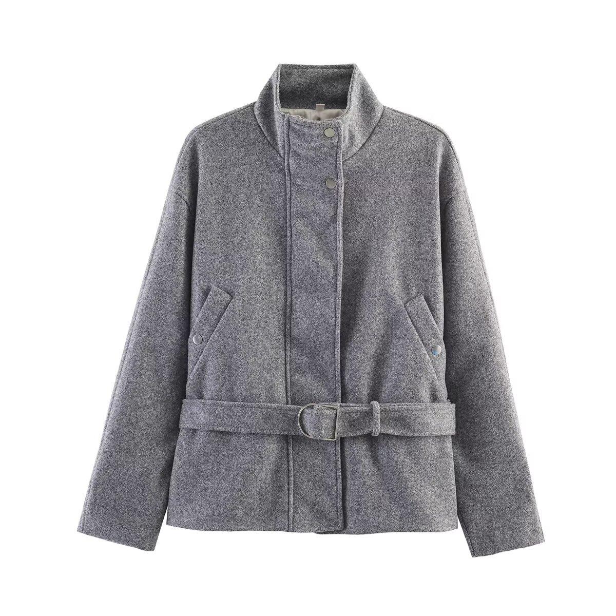 European and American women s clothing popular fashion four-color stand-up collar with belt jacket S