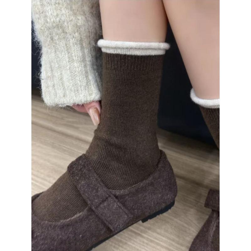 Grey Socks, Women's Autumn and Winter Pure Cotton Mid-calf Socks, Thickened Warm Wool Long Socks, Rolled-up Pile Socks, Winter