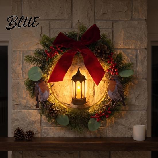 Plump Simulated Pine Branch Wreath Lighted Bird Christmas with Lantern Rustic Artificial Velvet Bow Indoor Outdoor Winter Festive Ornaments
