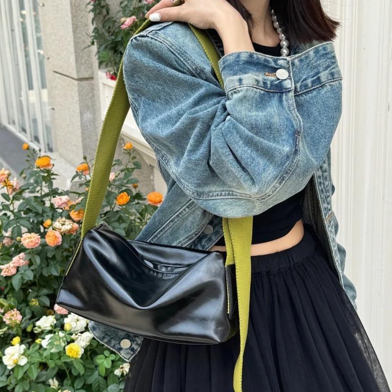 Korean-Style Women's Genuine Leather Crossbody Bag with Wide Strap - Streetwear Shoulder Bag 2026 Summer Square Pillow Bag