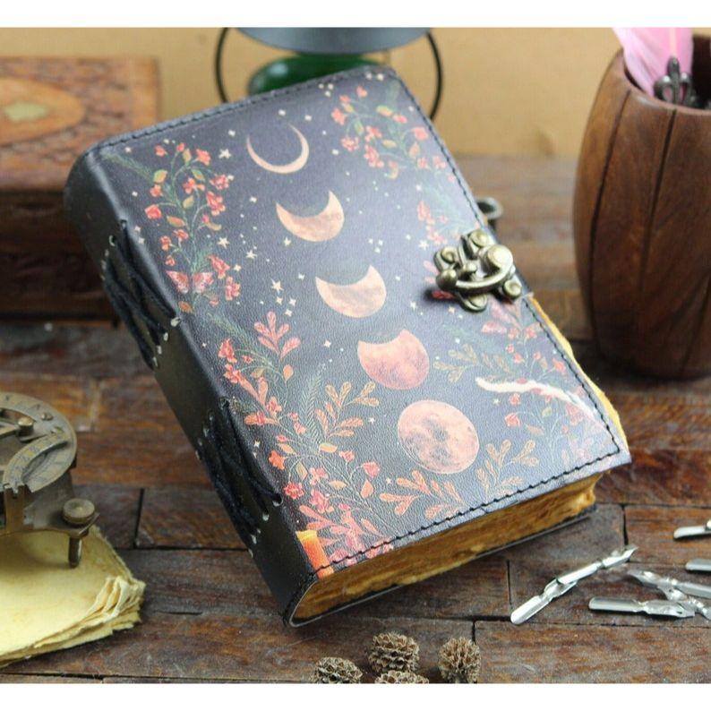 Moon Phase Leather Grimoire: Vintage Spell Book with Deckle Edge Paper Blank spell book of shadows Gifts For women vintage journal