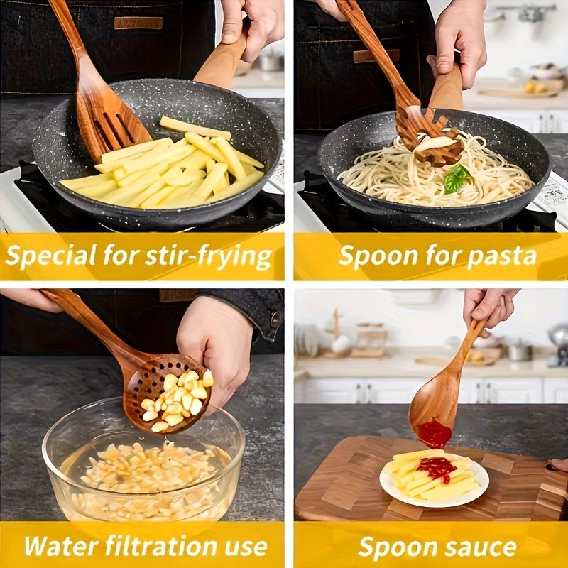 KEMORELA 10PCS Natural Wooden Spoon Set Cooking Utensils for Salad Soup Noodles Kitchen Utensil Kit with Spoons Ladles