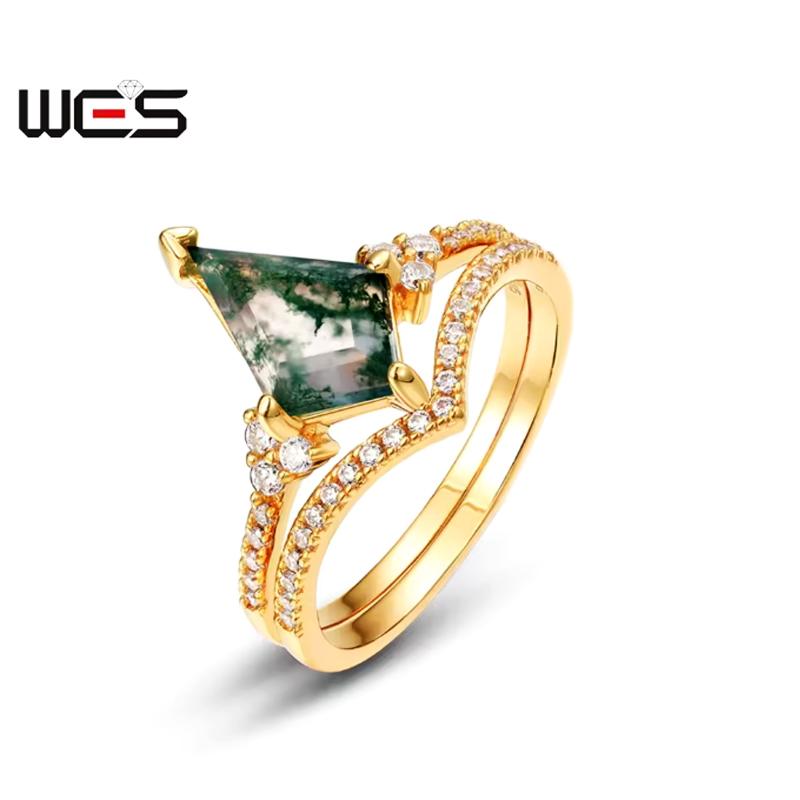 WES   CopperKite Cut Natural Moss Agate Gold Ring Sets For Woman Wedding Bridal Set Valentine Gift Jewelry