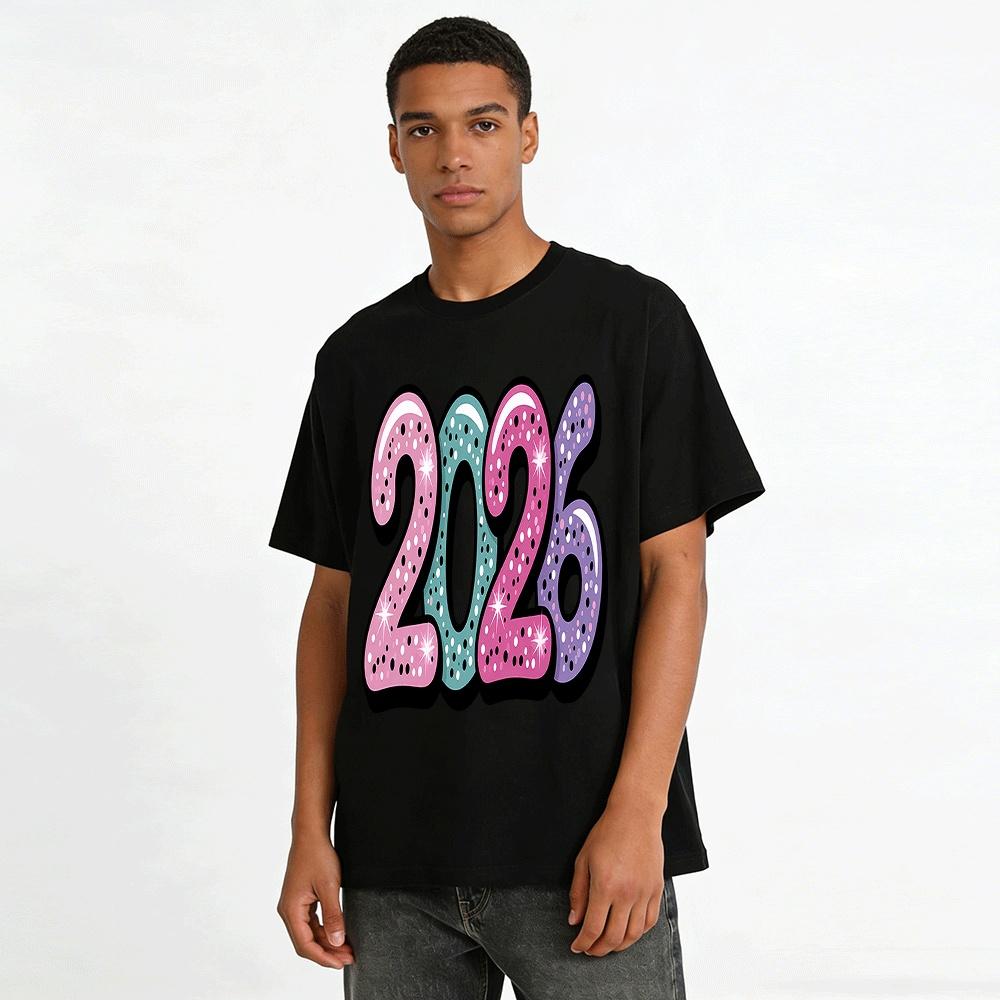 2026 Glitter Number New Year Themed Casual Printed Top Pure Cotton T-shirt