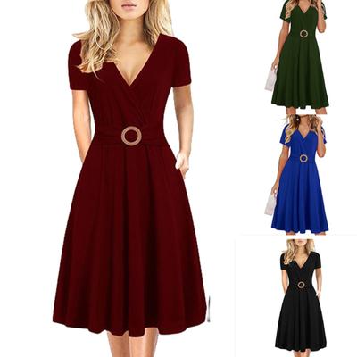 Women's Solid V-neck Short Sleeved Comfortable Loose Fitting Dress