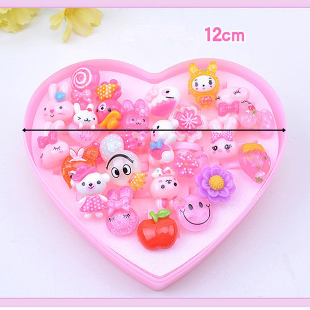 24Pcs Cute Adjustable Mixed Kids' Girls' Pink Animal Flower Fruit Polymer Resin Cartoon Rings Children' Jewelry with Heart-shape Gift Box