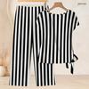 Women Plus Size Round Neck Short Sleeve Knot Hem Red White Striped Printed Two Piece Pants Set