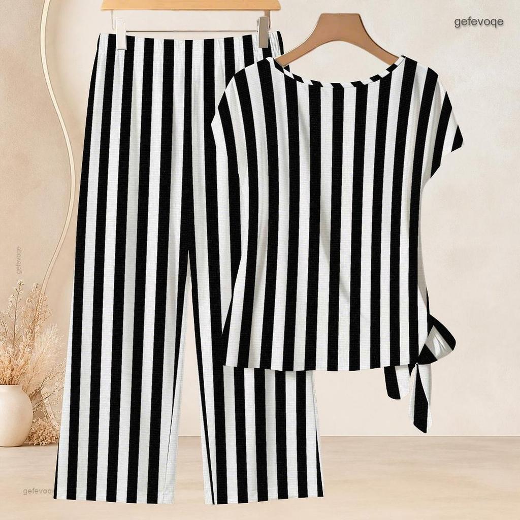 Women Plus Size Round Neck Short Sleeve Knot Hem Red White Striped Printed Two Piece Pants Set