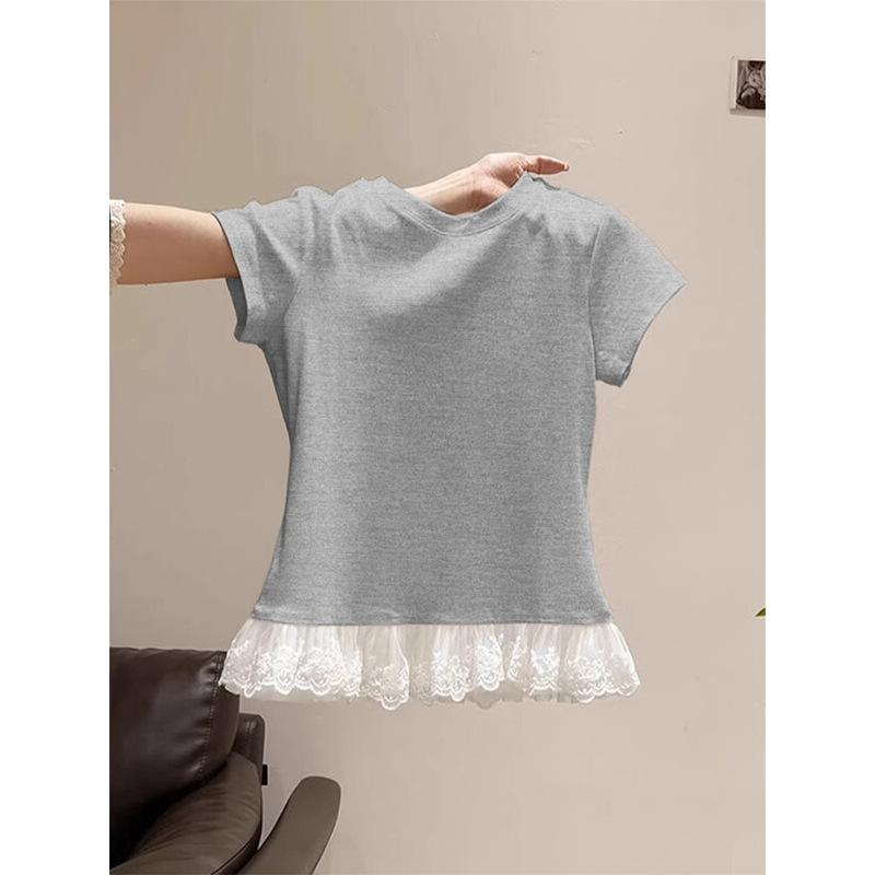 Pure Lace Hem Round Neck Short-sleeved T-shirt Women's Summer New Slim and Thin Student Tops Trendy