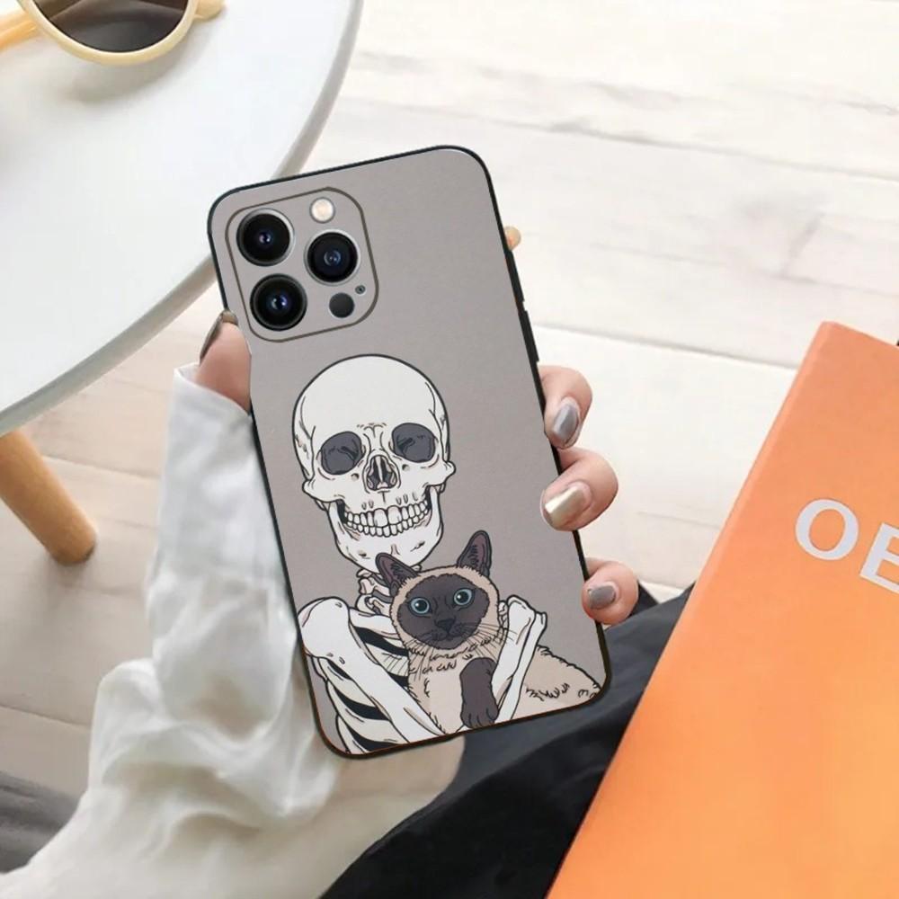 Skeleton Cat Painted Phone Case For iPhone 15,14,13,12,11,Plus,Pro Max,XS,X,XR,SE,Mini,8,7 Soft Silicone Black Cover
