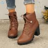 European and American Thick Heel Short Leather Boots Large Size Round Head Popular Fashion Boots Solid Color Lace-up Good Match Martin Boots