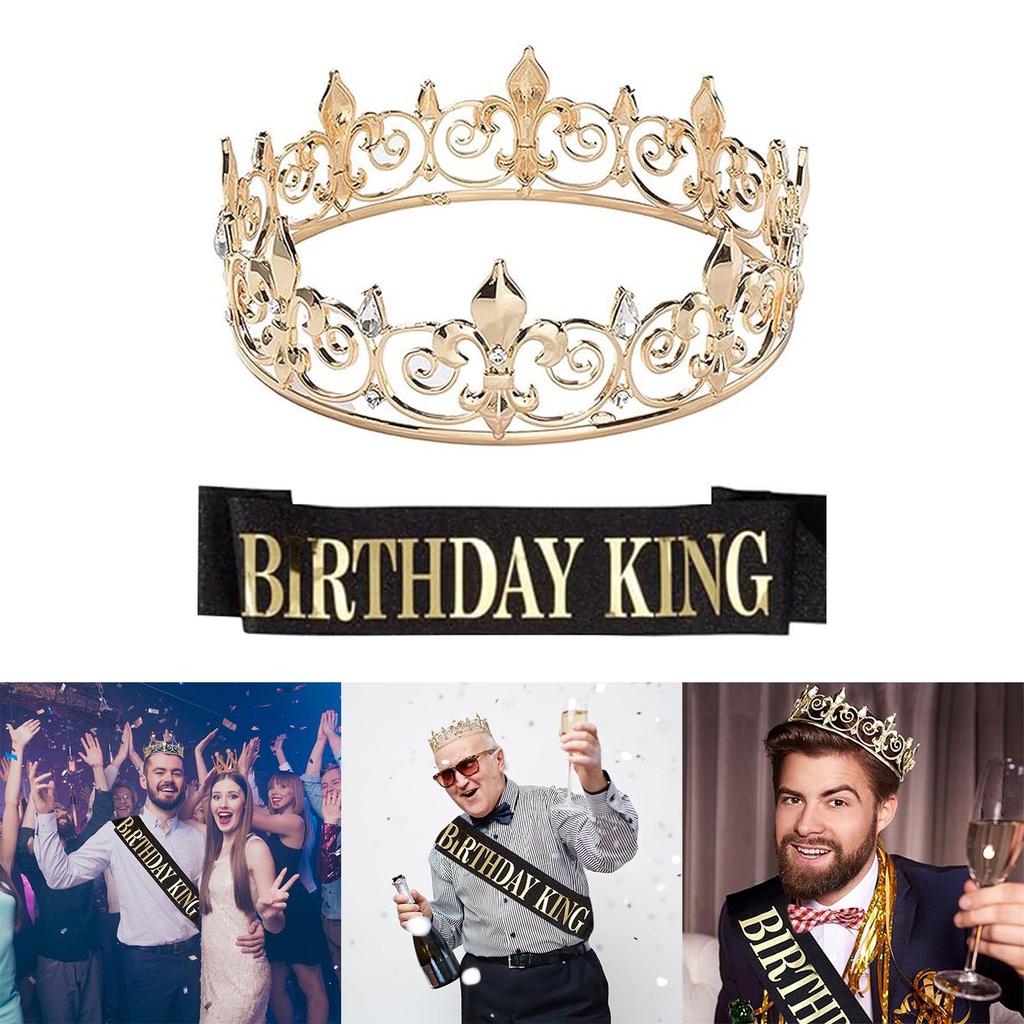 Födelsedag Kunglig Krona med Skärp för Män Födelsedag Kung Strasskrona Axelomslag Set Födelsedagsfest Rekvisita Tillbehör
