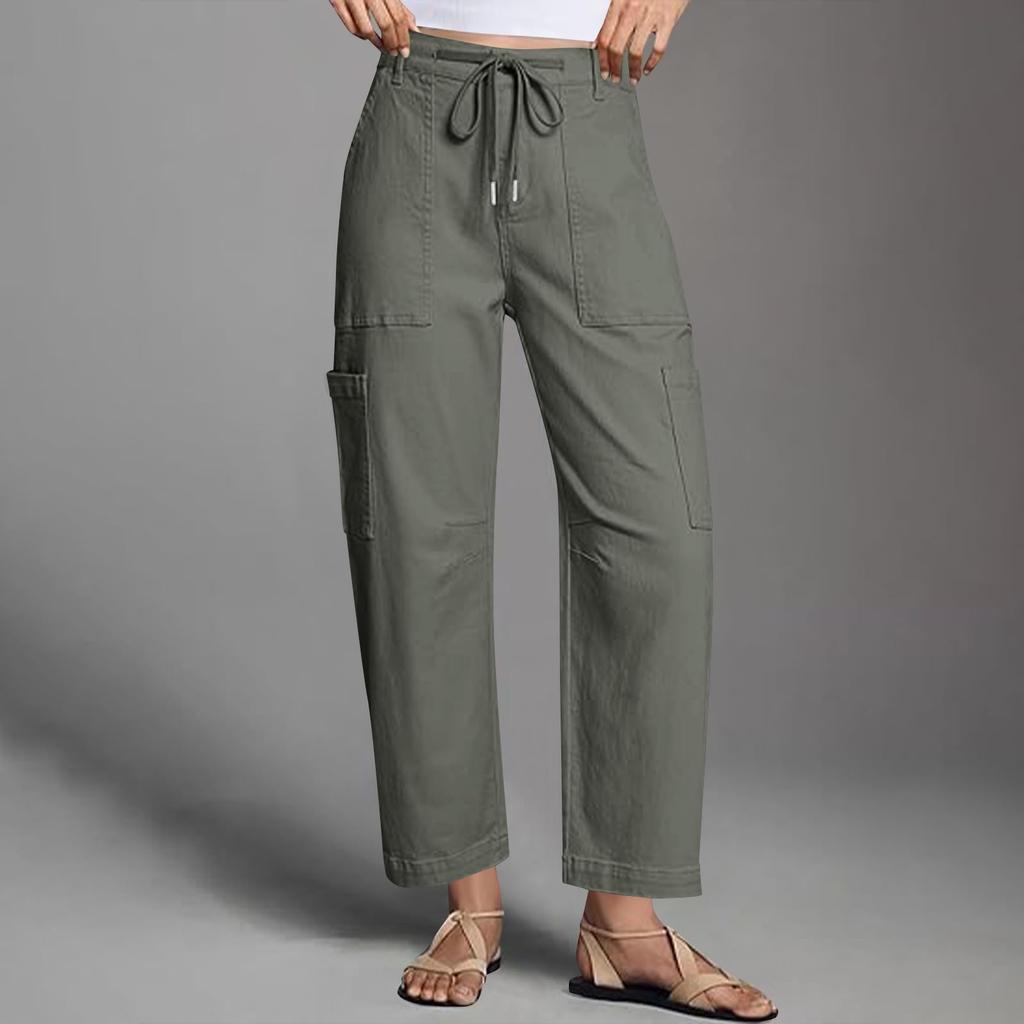 Dámske Elastické Nohavice s Vysokým Pásom Bežného Strihu Široké Dlhé Nohavice S Vreckami