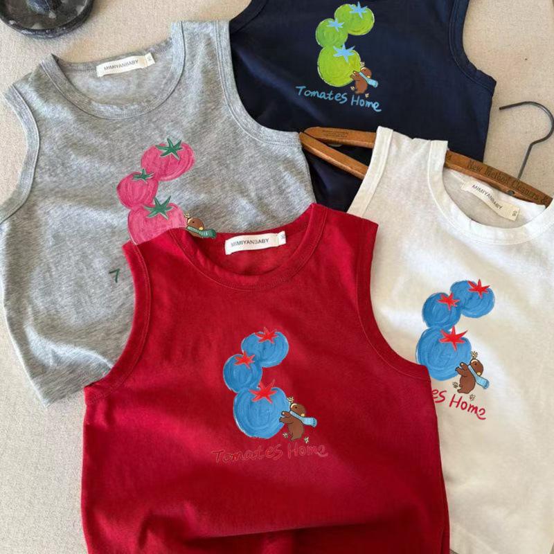 Kids Summer Cotton Sleeveless Vest Cartoon Tomato Print Round Neck Unisex Baby Top