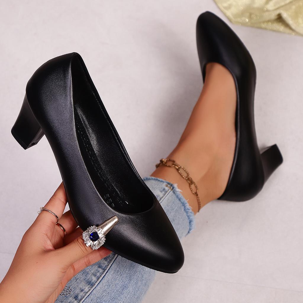 Dames Pumps Lente en Herfst Leer Hoge Hak Enkele Schoenen Dames Lage Hak Puntige Neus Designer Hakken Dames Zapatos De Mujer