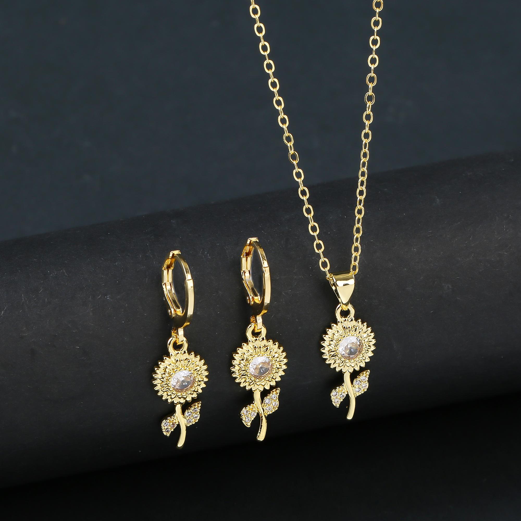 

7 Style Classic Gold Plated Botanical Sunflower Pendant Necklace Earrings Zircon Set New Trend Women Casual Party Zircon Gift