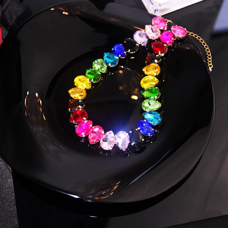Exquisite Colorful Crystal Teardrop Choker Necklace for European & American Banquet Dress