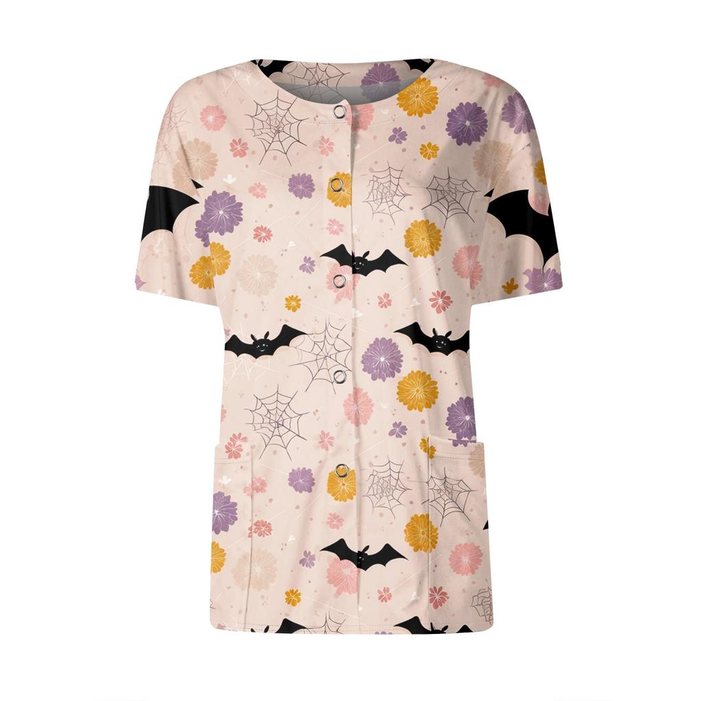 Women's Short Sleeved Patterned Pockets, Work Print Stand Up Collar, Single Breasted Protective Clothing, Cardigan Jacket, Top