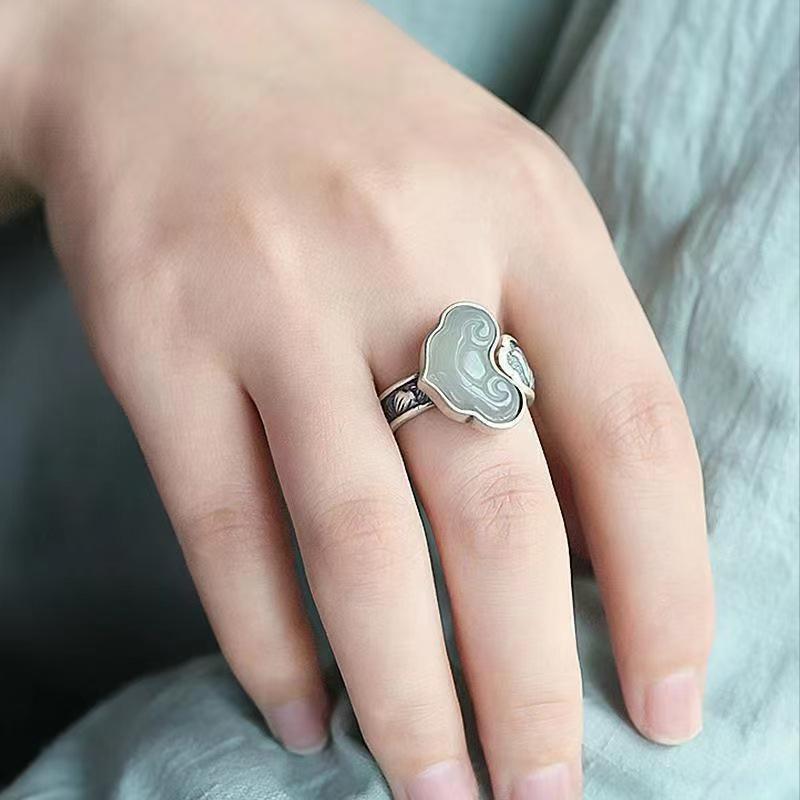 Ruyi Thai Silver Jade Women's Adjustable Ethnic Ring
