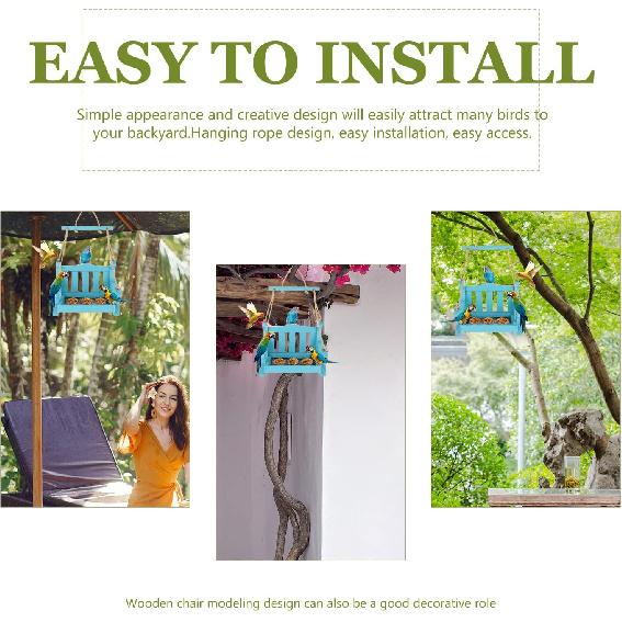 POPETPOP Hanging Bird Feeder, Wooden Chair-Shaped, Multiple Feeding Spots, Attracts Various Birds, Durable, Blue, 6.89 X 5.51 X 4.725 Inches