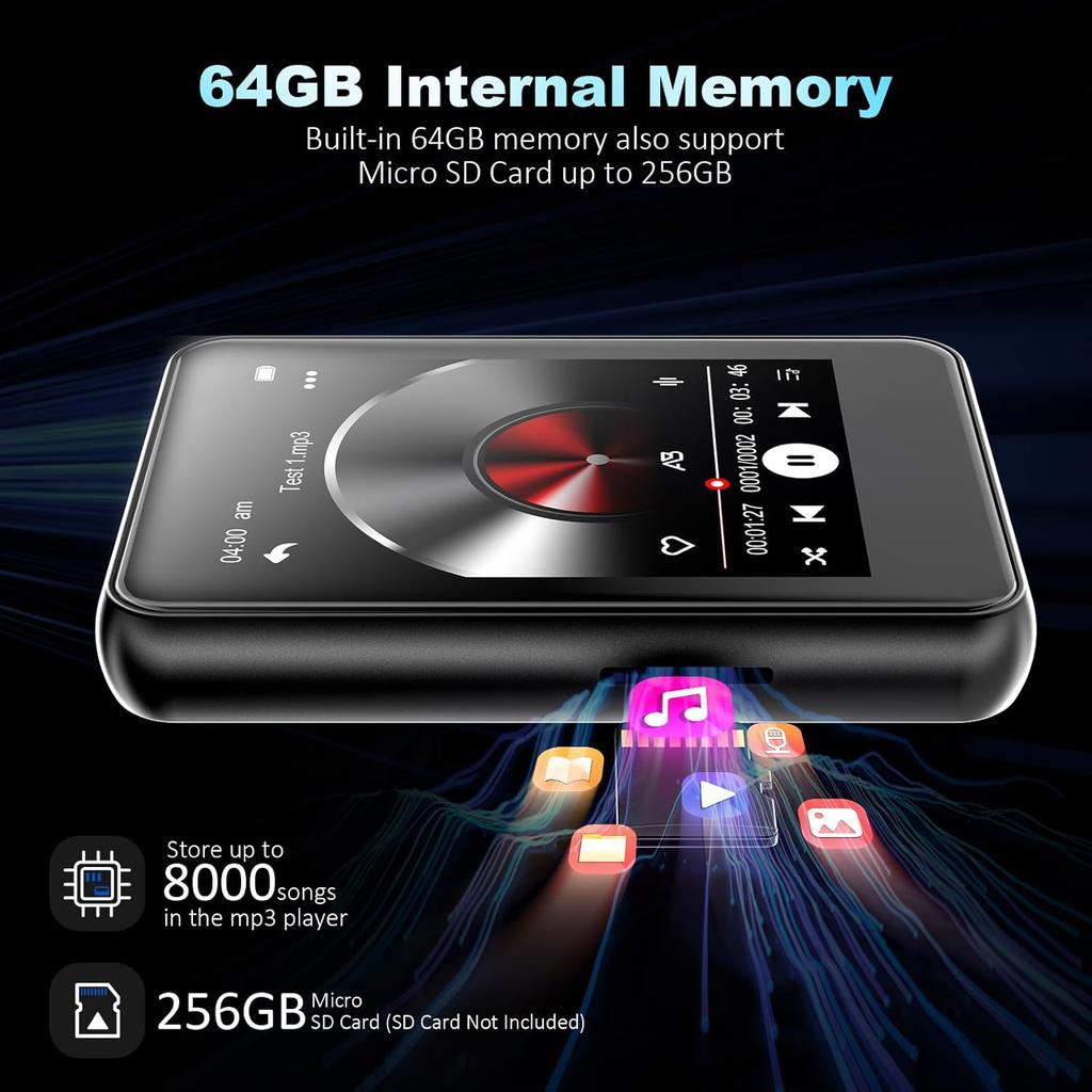MP3 Player with Bluetooth, Full Touch Screen Music Player with Speaker and Micro SD Card Slot, 64GB Audio Player, FM Radio, Voice Recorder,