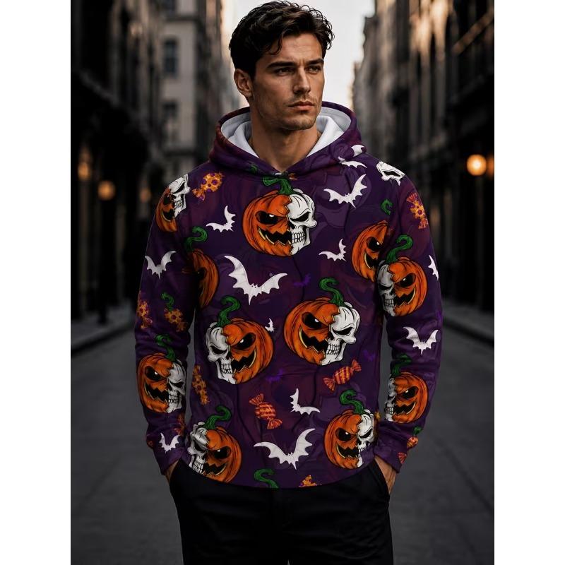 Men Halloween Hoodie 3D Print Pumpkin Witch Skull Spooky Horror Pattern Pullover Hoody Holiday Party Casual Sweatshirt