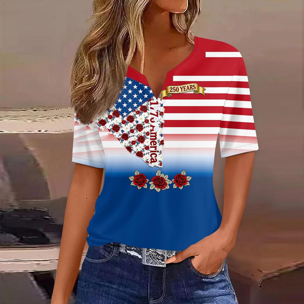 Women's Fashion Casual Independence Day Print V-Neck Short Sleeve Button-Up T-Shirt Top