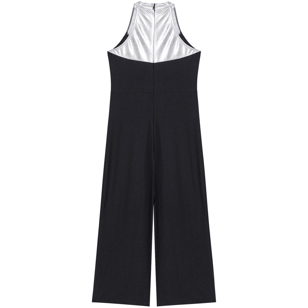 Children‘s Sparkly Rhinestone Color Block Sleeveless Jazz Dance Bodysuit Metallic Patchwork Jumpsuit for Performance Competition