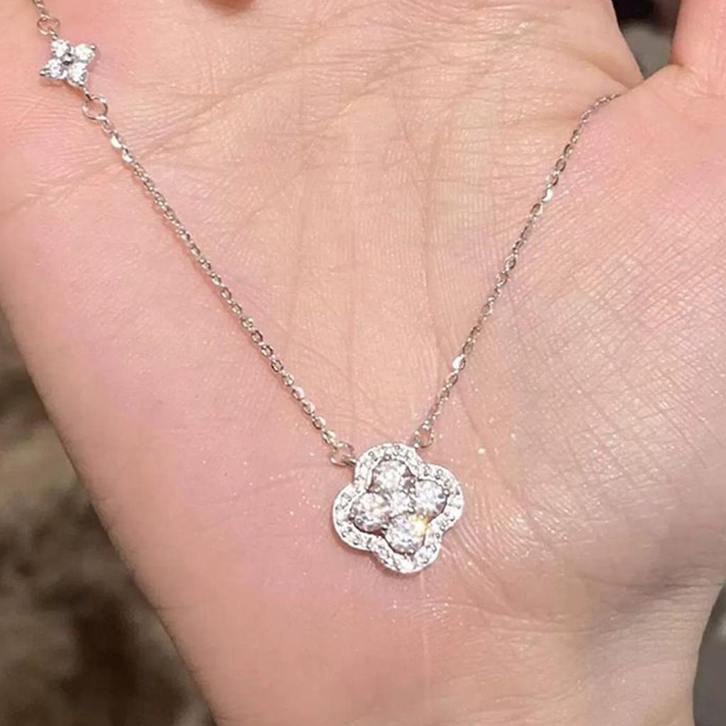 Sparkling Rhinestone Pendant Necklace With Adjustable Chain Lucky Clover Design Gift For Women