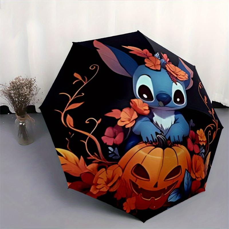 1pc Stitch Halloween Pumpkin Durable Cartoon Folding Umbrella, Portable 3-Fold Compact Umbrella for Men and Women, Suitable for Travel or Da