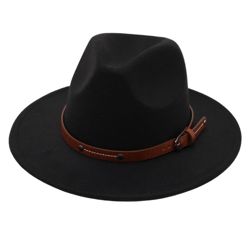 Big Edge Top Hat Belt Buckle Jazz Hat Men'S And Women'S Felt Hat Street Shooting Gambler Hat Concave Fedora Hat Tide