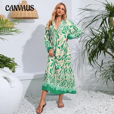 Spring and Autumn Women's Dress Pullover V-neck Sexy Printed Swing Long Sleeve Dresses