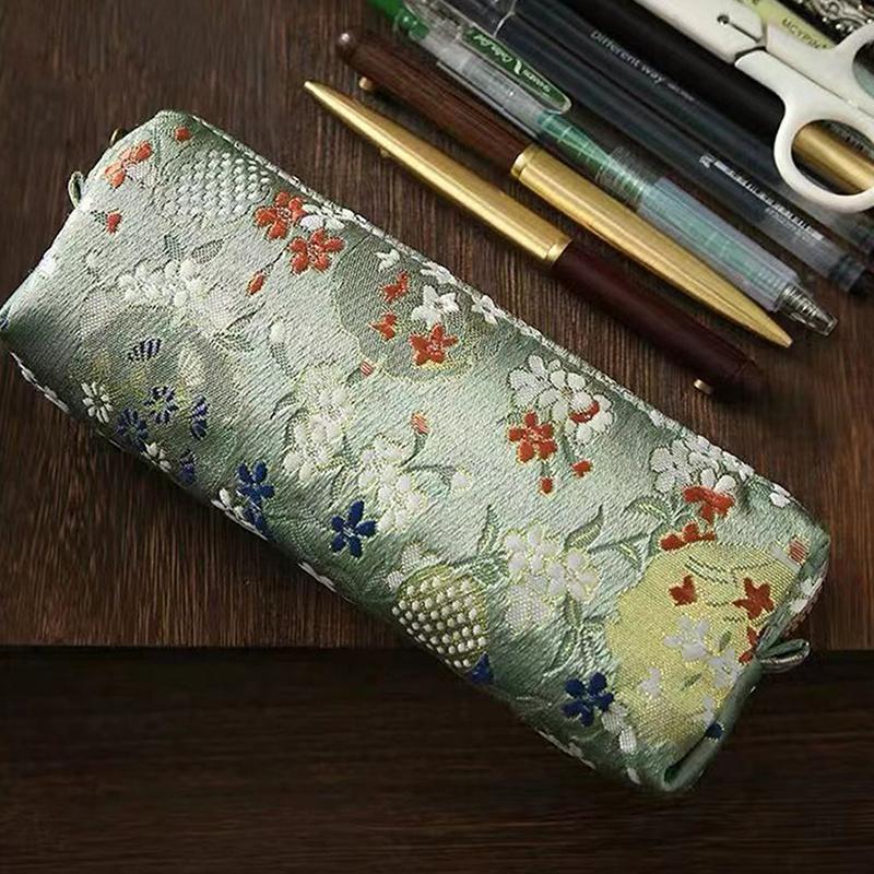 Vintage Guldprägling Broderi Pennväska Stor Kapacitet Pennfodral Pennpåse Sminkväska Student Skrivmaterial