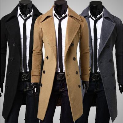 Jeseň a Zima Dlhý Dvojradový Trenčkot Pánsky Vlnený Kabát Slim-fit Kabát Pánsky