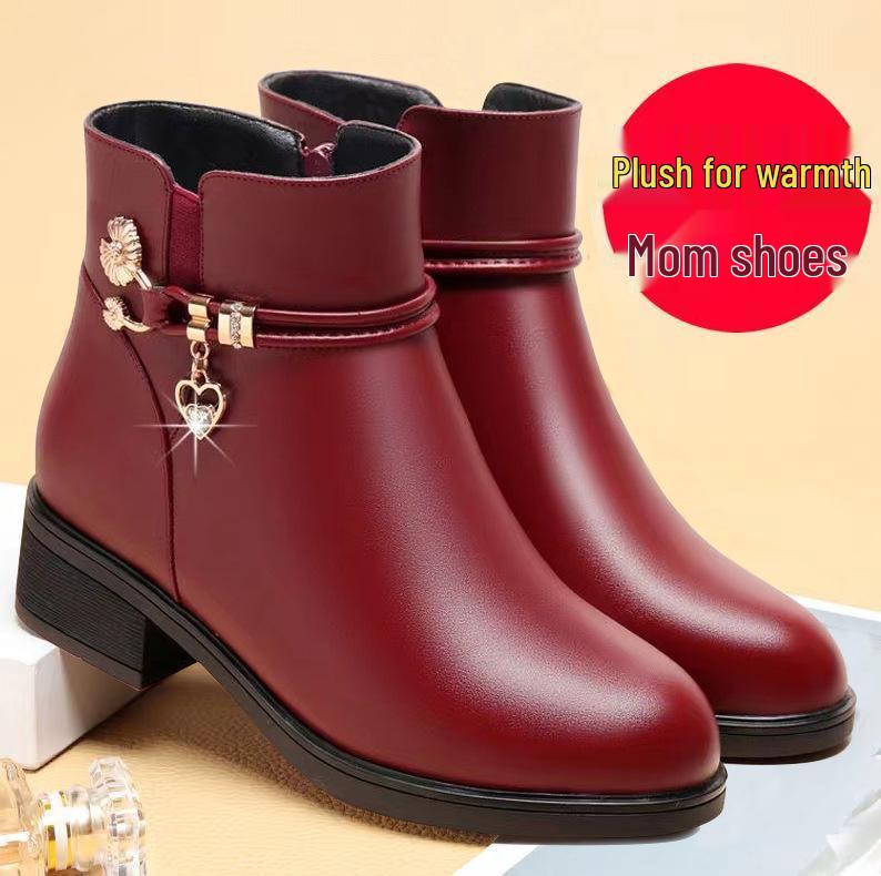 Women's Mid-Aged & Elderly Low Heel Soft Sole Cotton Shoes with Plus Velvet Warm Lining