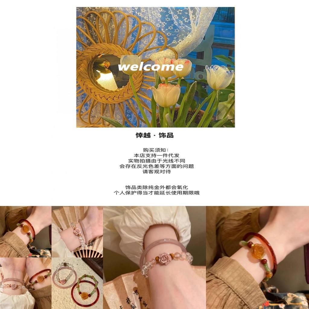 Chinese Elegant New Style Rose Flower Glass Beaded Bracelet For Women Handcrafted Vintage Jewelry Luxury