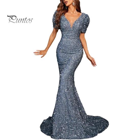 

Женское вечернее платье с блестками, короткими рукавами-фонариками, V-образным вырезом, облегающим кроем, длиной до пола, большим бантом сзади, средней талией, для коктейльной вечеринки, свадьбы, банкета, макси M