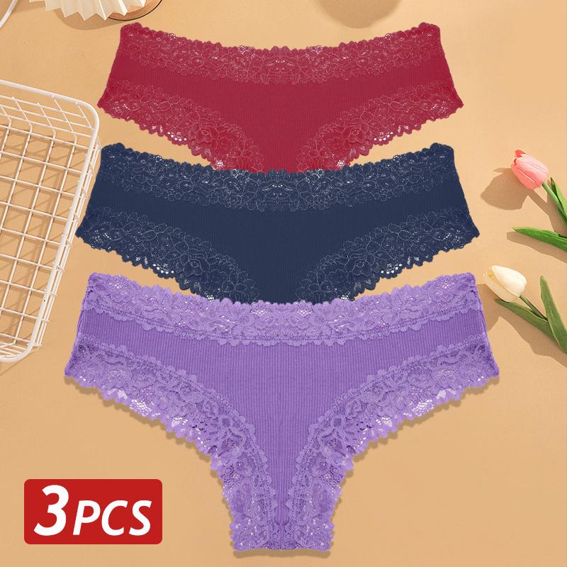 3PCS/Set Women Cotton Panties Floral Lace Brazilian Panties Sexy Low Waist Lingerie Female Soft Underwear Solid T-Back Bikini