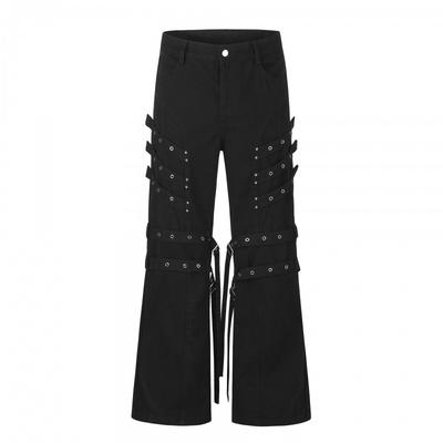 Mens Punk Style Flared Cargo Pants With Metal Rivets Adjustable Straps High-Waisted Streetwear Trousers Fall