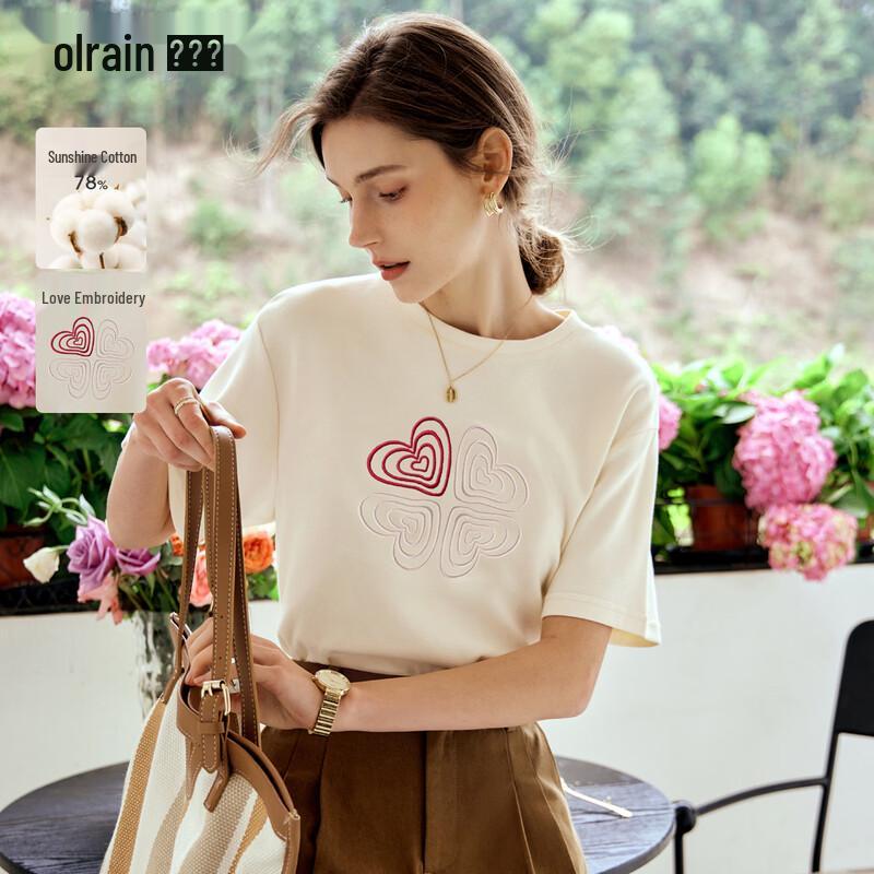 Olrain French Style Heart Embroidered Short Sleeve T-Shirt L