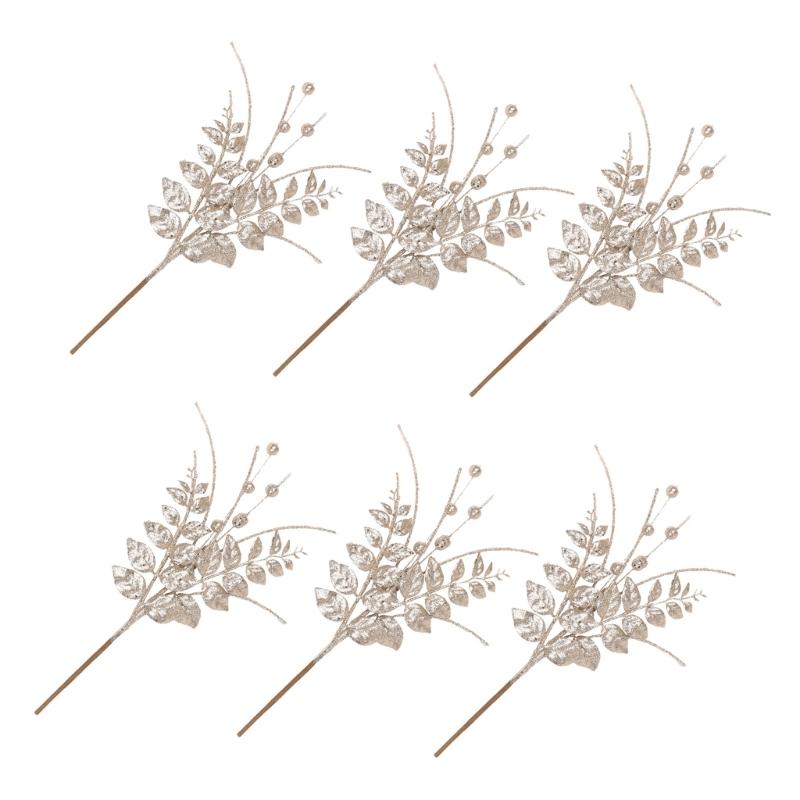 6Pcs Decorative Faux Leaves with Berries Gold Powder Coated Leaf and Berries Clusters for Creative Decoration