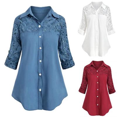 Women Ladies Large Size Button Lace Turn Down Collar Long Sleeve Shirt Blous