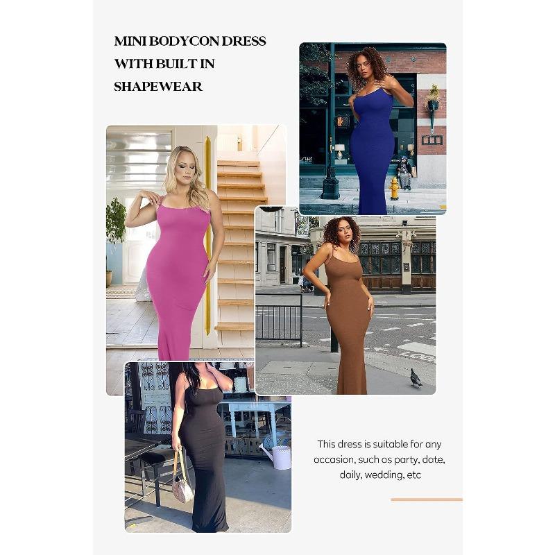 Women Modal Spaghetti Strap Light Tummy Control Bodycon Maxi Dress 2 In 1 Shapewear Long Dress