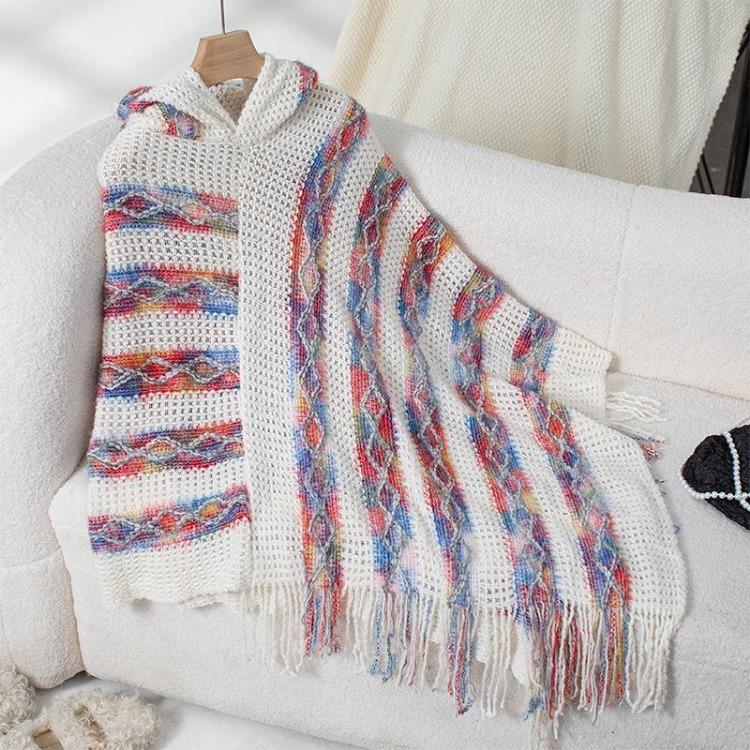 

Женский зимний свитер с капюшоном и V-образным вырезом, свободный трикотаж, кардиган с рукавами летучая мышь, осенняя накидка с принтом в стиле кросс-бордер One Size белый