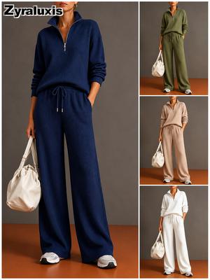 Neues Herbst Winter Damen Sportset Hoher Kragen Reißverschluss Kapuzenpullover Weite Hosen Outfit für Damen