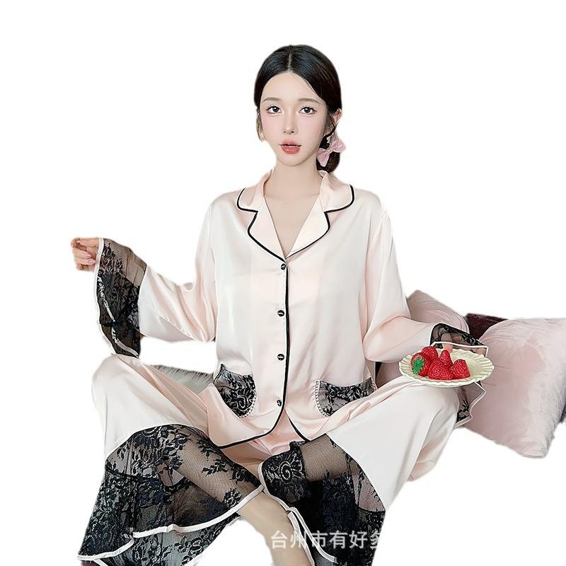 1011 spring and summer new product ice silk national style lace comfortable high-end long-sleeved pajama suit women can wear loungewear