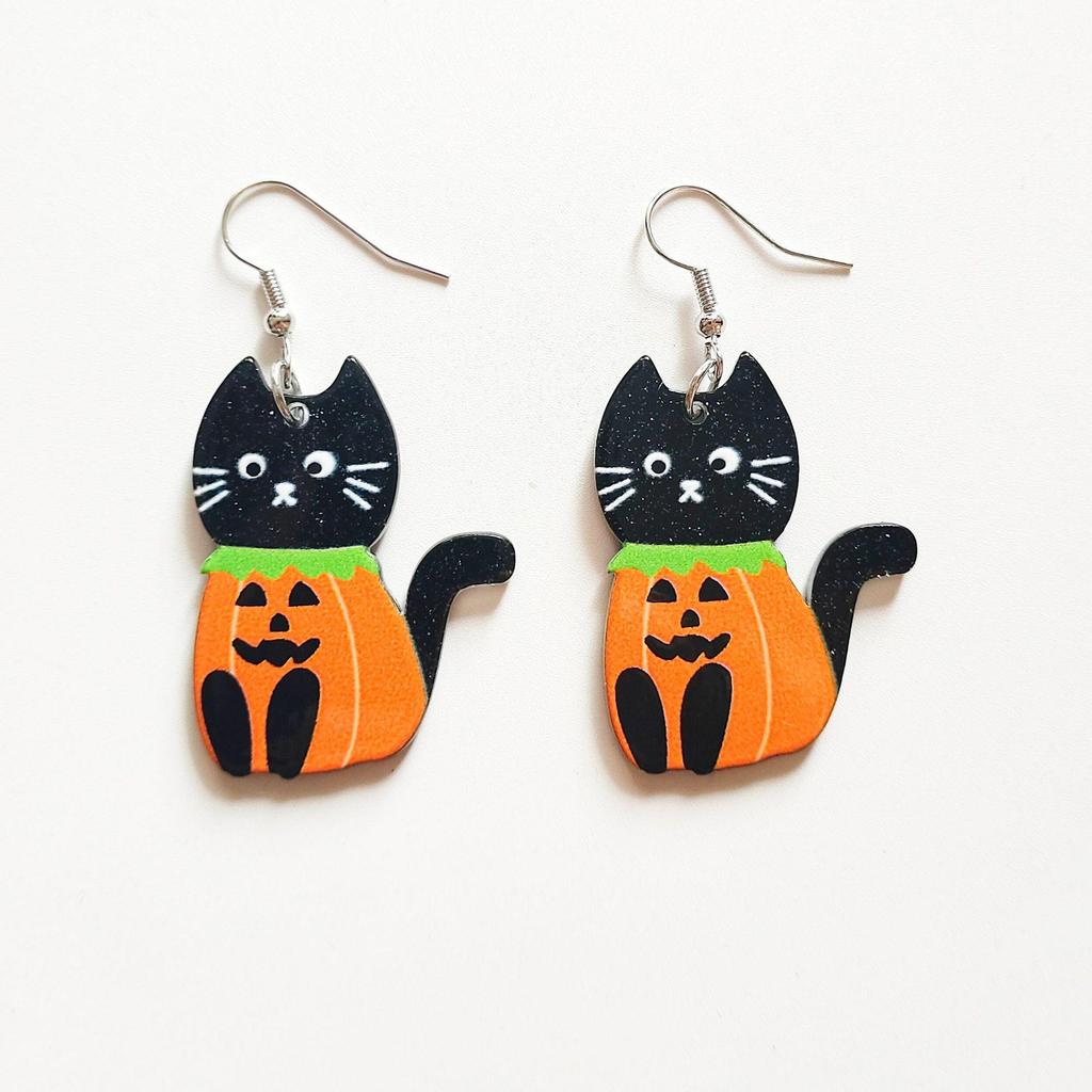 Halloween Cat and Ghost Acrylic Earrings - Quirky Pumpkin Design for Holiday Parties