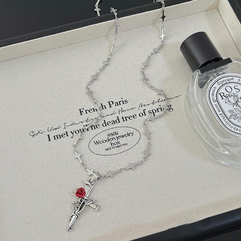 Punk Gothic Red Rose Vine Cross Pendant Necklace for Women Men Vintage Rock Cool Silver Color Cross Chain Party Jewelry Gifts