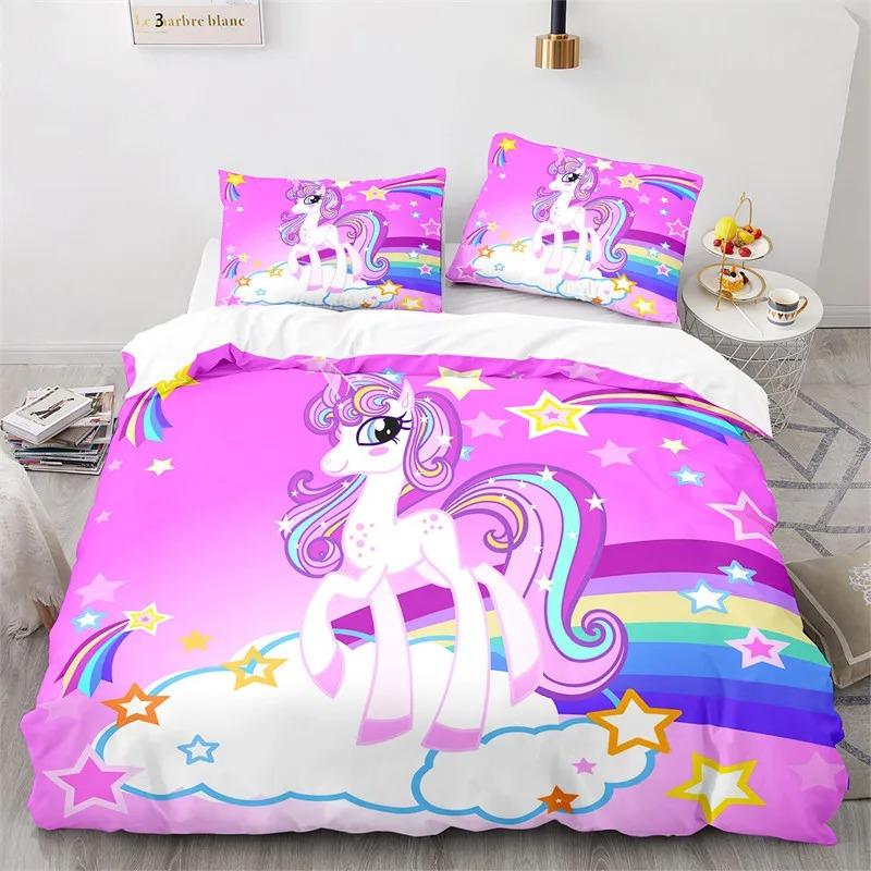 Cartoon Unicorn Floral Rainbow Girl's Eyelash Bedding Set Boys Girls Twin Queen Size Duvet Cover Pillowcase Bed Kids Adult
