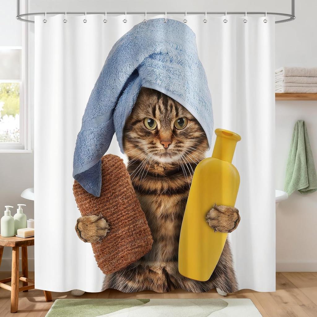 Funny Cat Shower Curtain,Blue Bathing Animal Cute Cartoon Kitten Yellow Rubber Duck Waterproof Polyester Fabric Bath Curtain